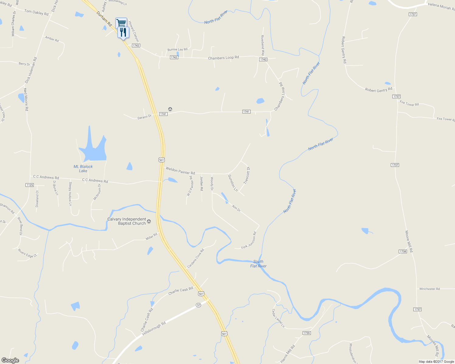 map of restaurants, bars, coffee shops, grocery stores, and more near 64 Gunston Lane in Timberlake