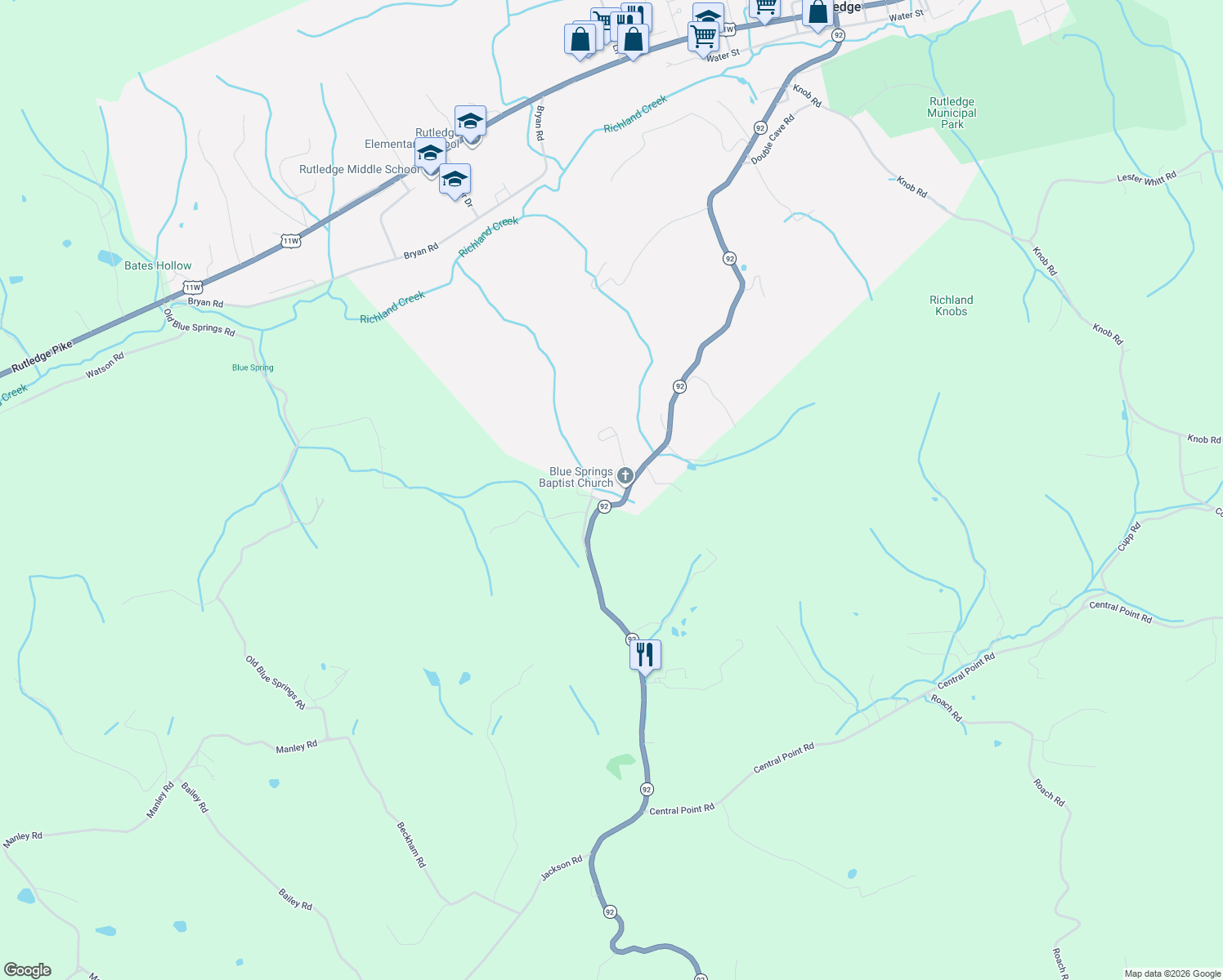 map of restaurants, bars, coffee shops, grocery stores, and more near 980 Tennessee 92 in Rutledge