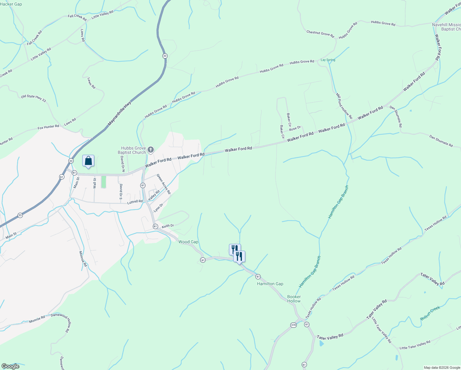map of restaurants, bars, coffee shops, grocery stores, and more near 145 Edmondson Lane in Maynardville