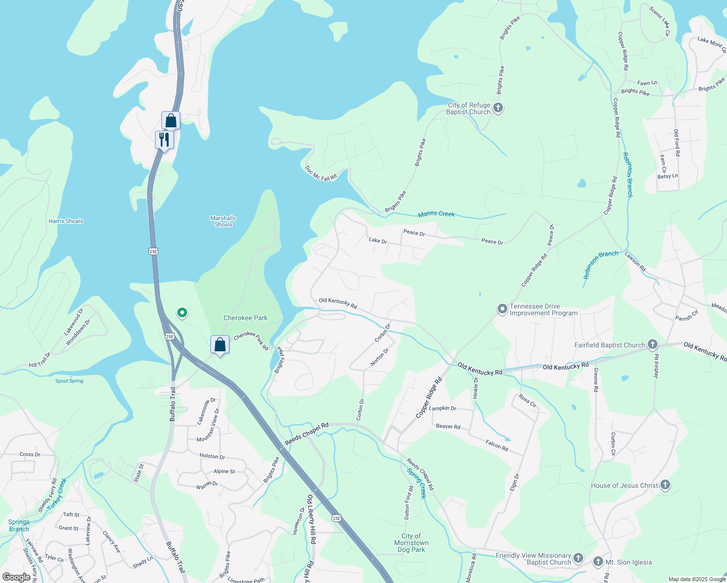map of restaurants, bars, coffee shops, grocery stores, and more near 3350 Northwind Drive in Morristown