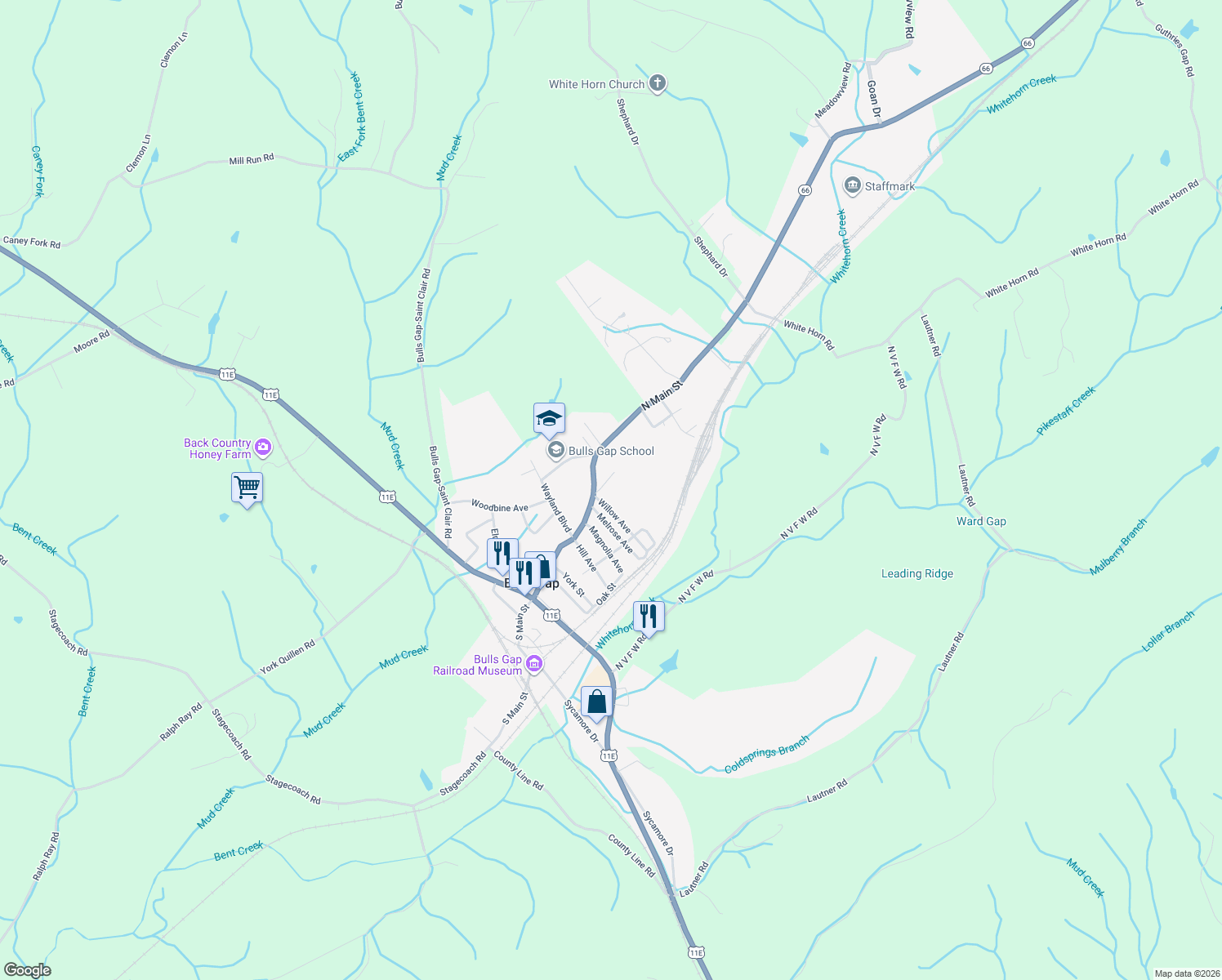 map of restaurants, bars, coffee shops, grocery stores, and more near 308 Hillcrest Ln in Bulls Gap