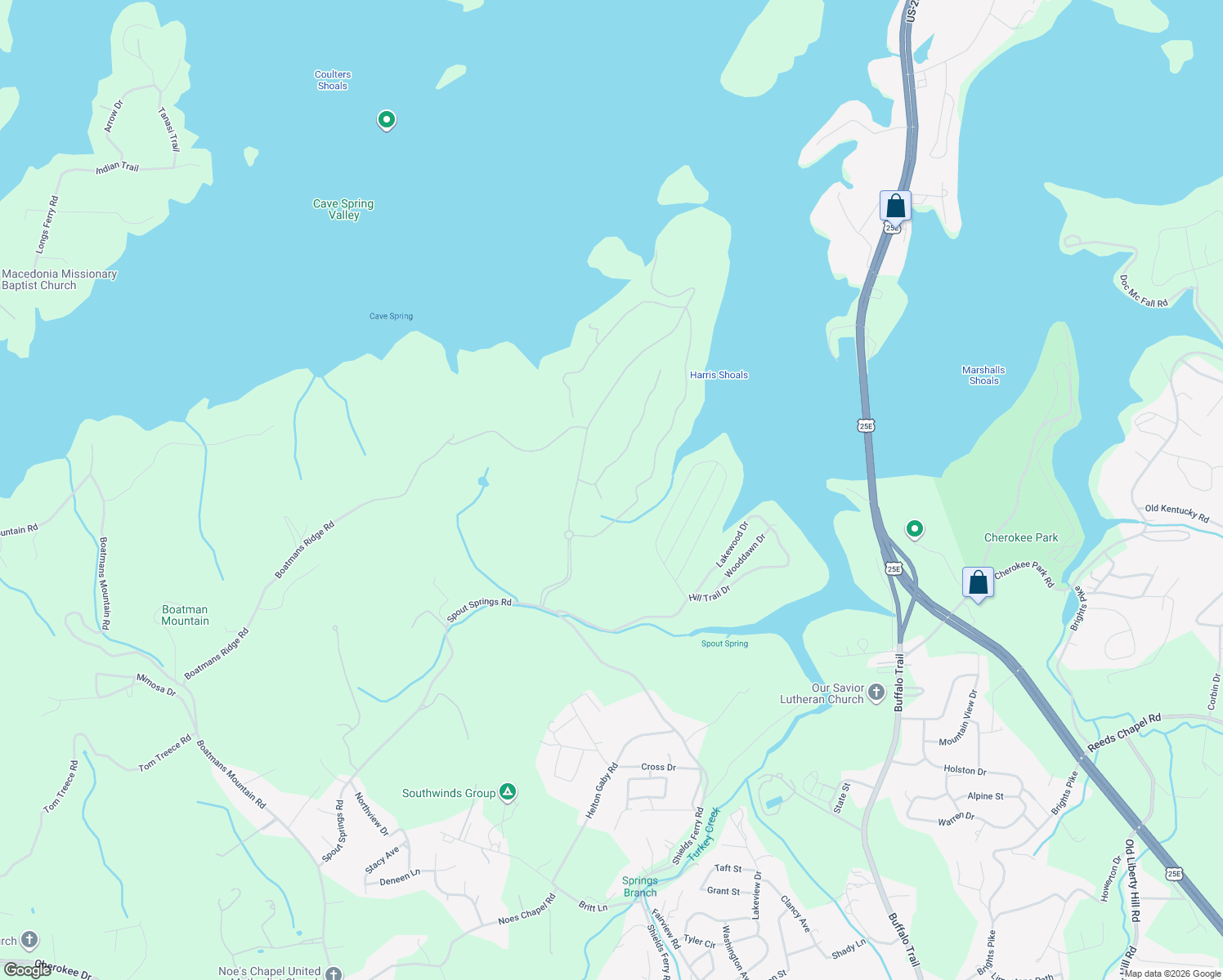 map of restaurants, bars, coffee shops, grocery stores, and more near 2519 Channel Cove in Morristown