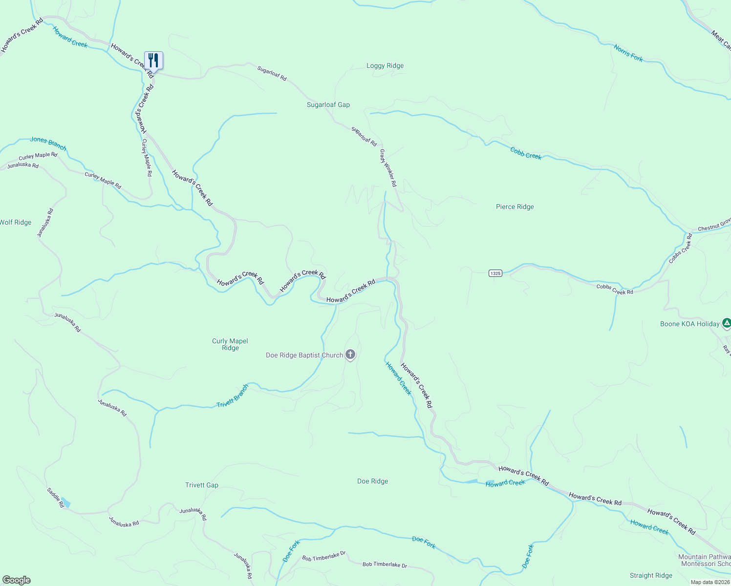 map of restaurants, bars, coffee shops, grocery stores, and more near 3355 Howard's Creek Road in Boone