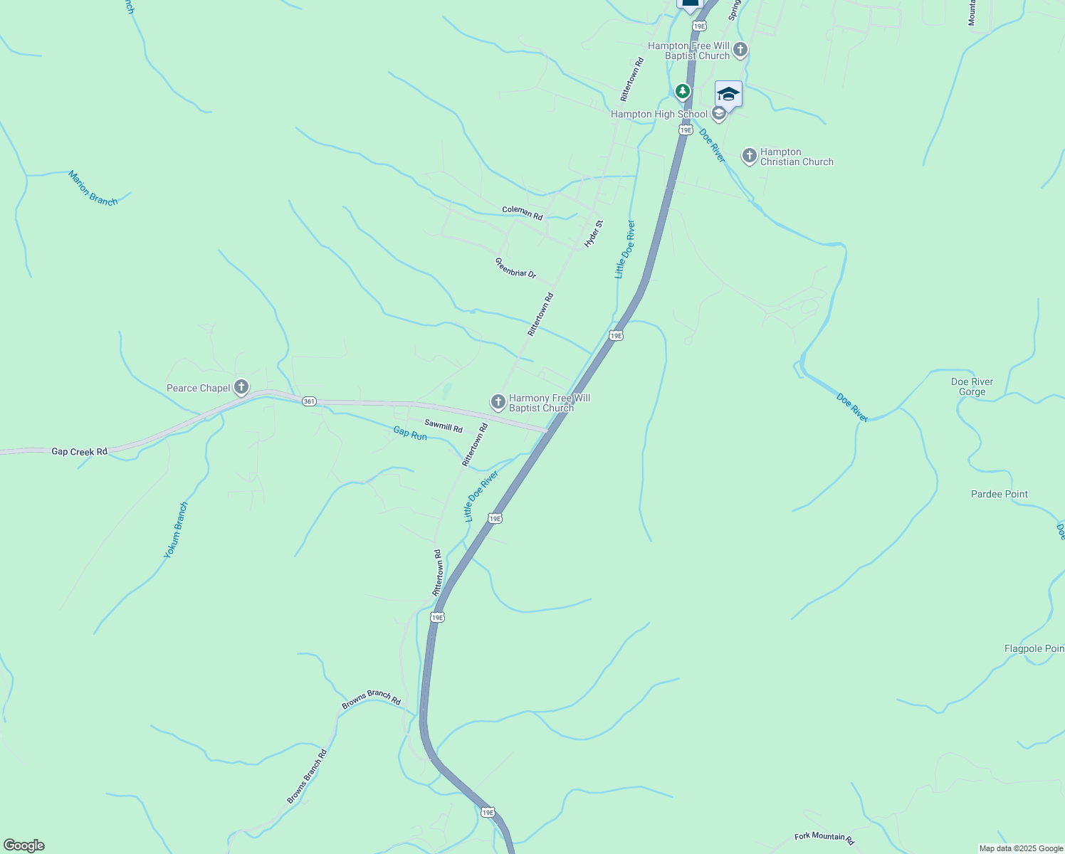 map of restaurants, bars, coffee shops, grocery stores, and more near 3437 Gap Creek Road in Hampton