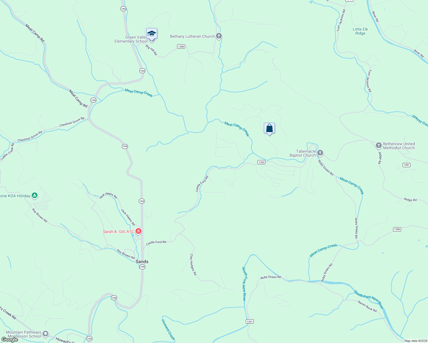 map of restaurants, bars, coffee shops, grocery stores, and more near 1277 Castle Ford Road in Boone