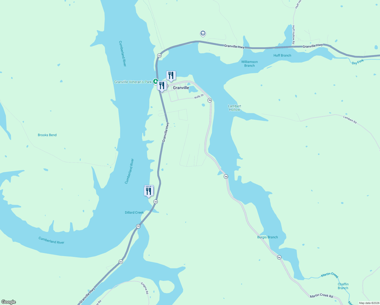 map of restaurants, bars, coffee shops, grocery stores, and more near 316 Eagle Ridge Lane in Granville