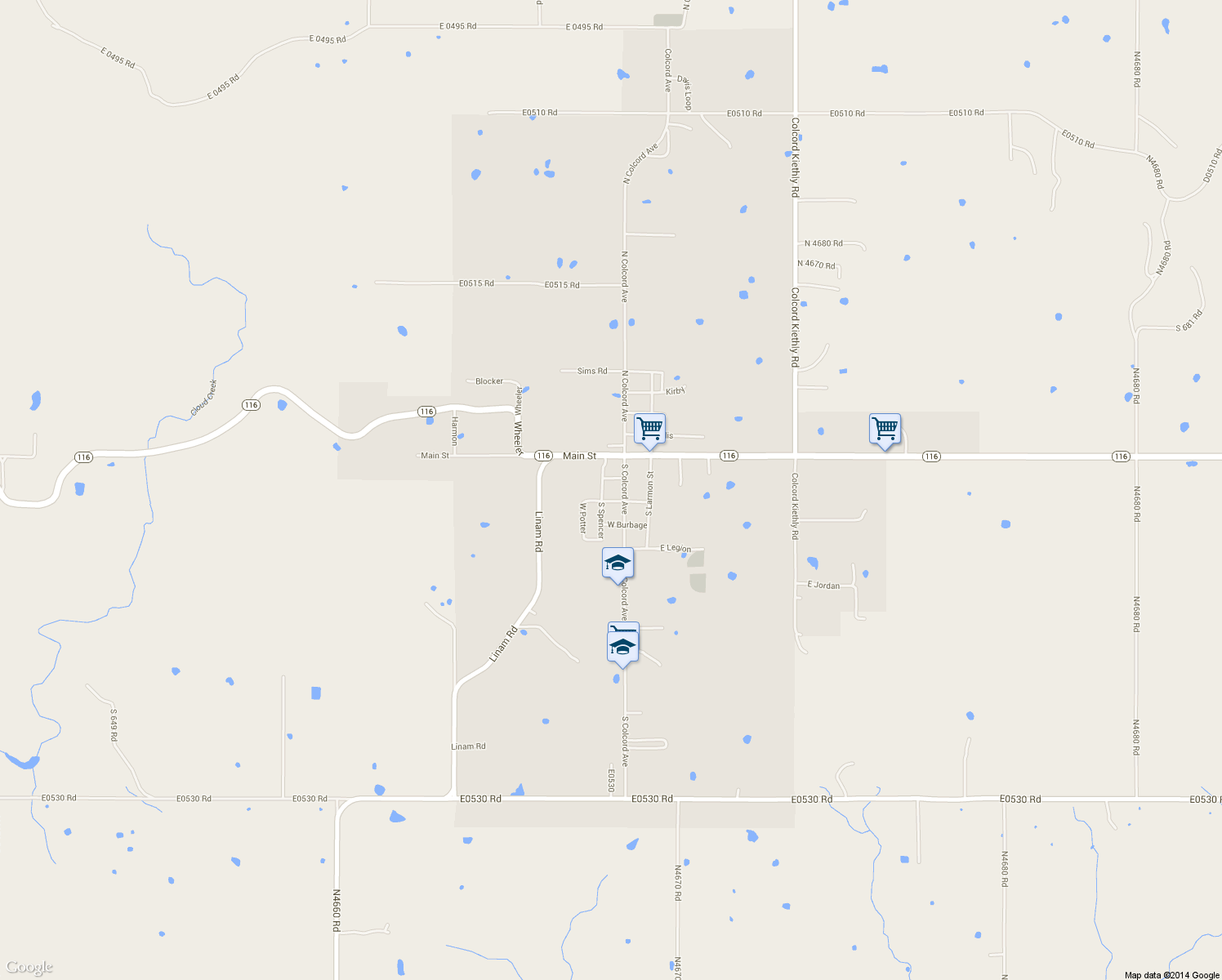 map of restaurants, bars, coffee shops, grocery stores, and more near 272 South Spencer in Colcord