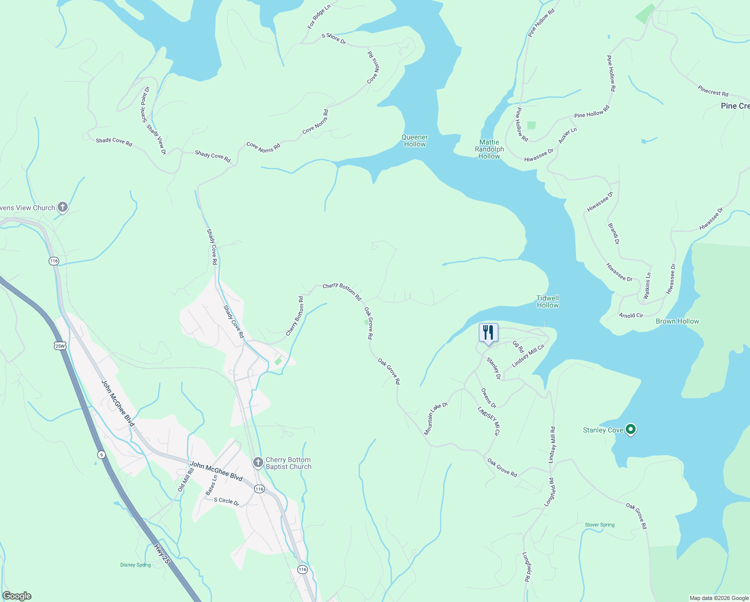 map of restaurants, bars, coffee shops, grocery stores, and more near 124 Oak Grove Lane in Rocky Top