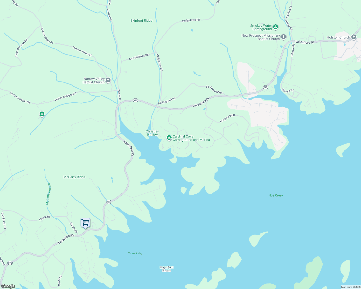 map of restaurants, bars, coffee shops, grocery stores, and more near Cardinal Cove Road in Rutledge