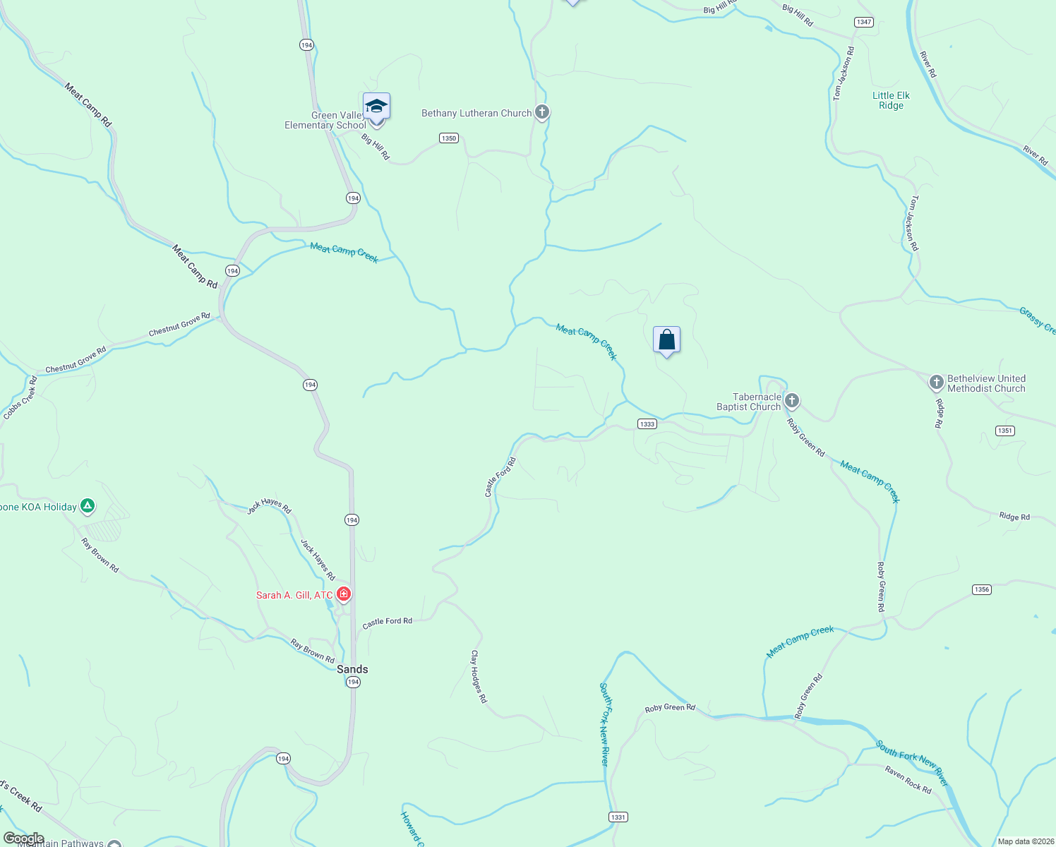 map of restaurants, bars, coffee shops, grocery stores, and more near 1277 Castle Ford Road in Boone