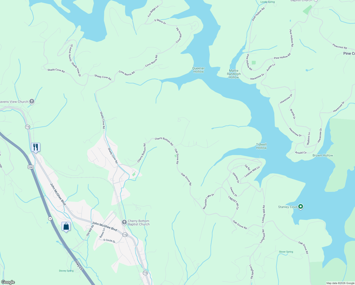 map of restaurants, bars, coffee shops, grocery stores, and more near 124 Oak Grove Lane in Rocky Top