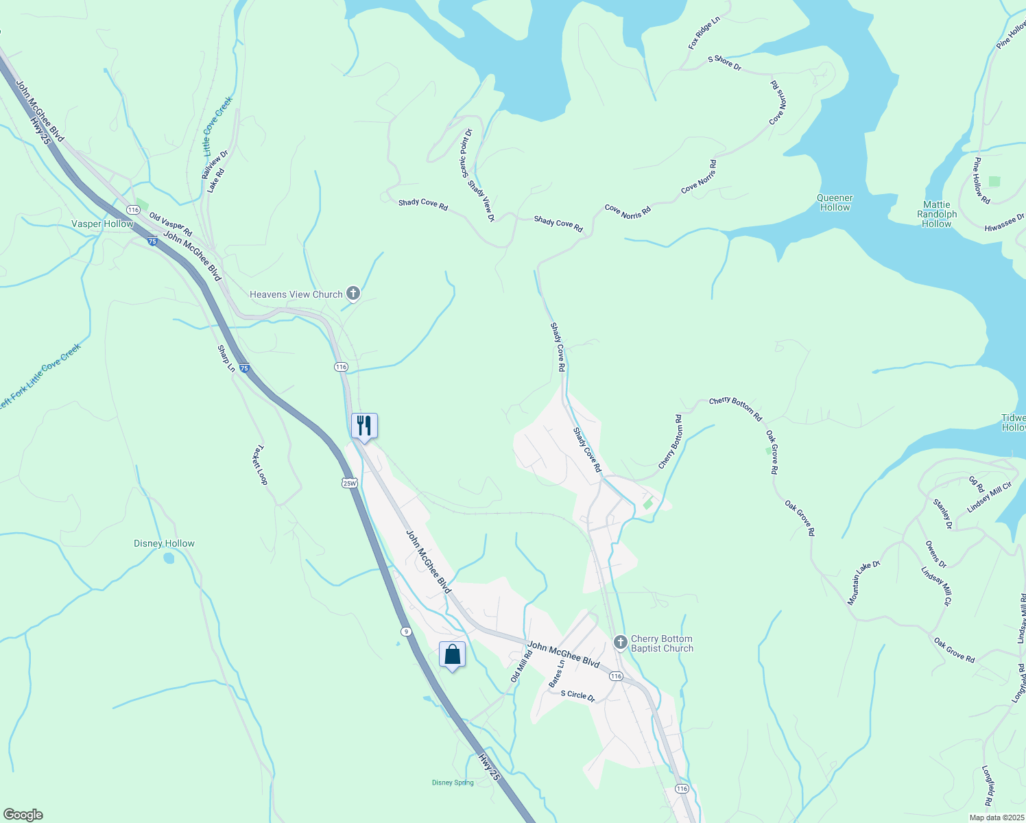 map of restaurants, bars, coffee shops, grocery stores, and more near 261 Emerald Glen Drive in Caryville