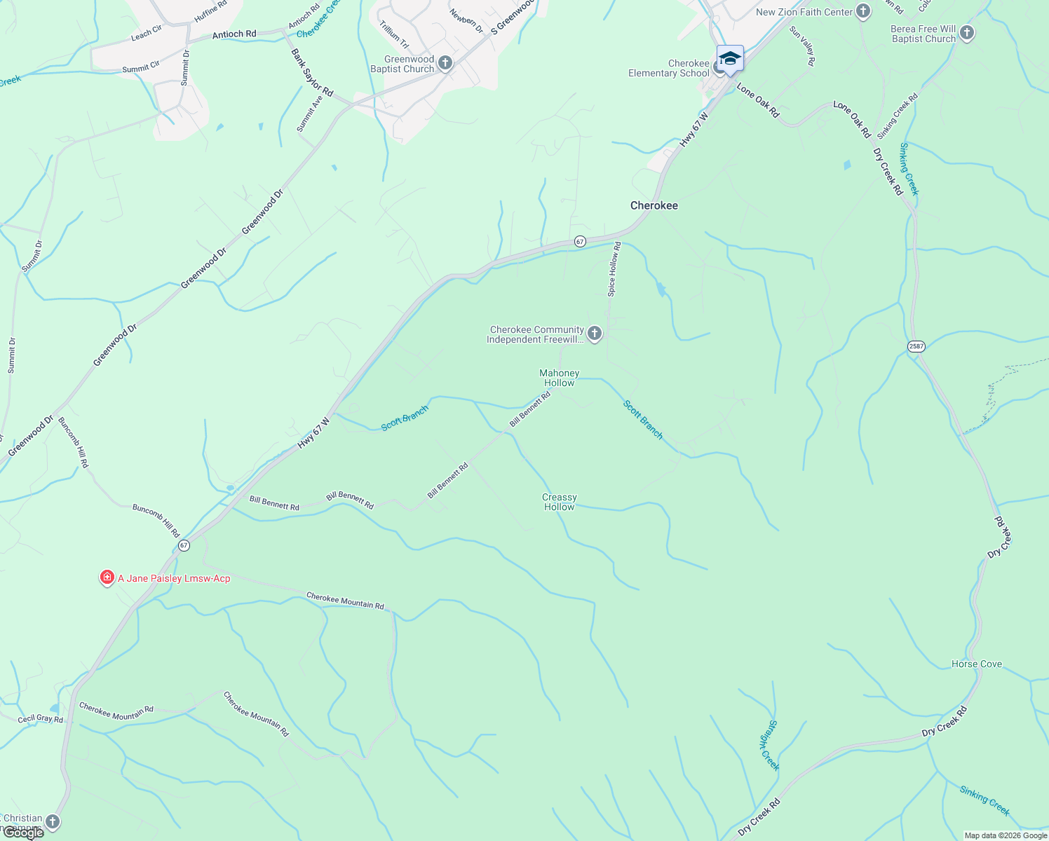 map of restaurants, bars, coffee shops, grocery stores, and more near 383 Bill Bennett Road in Johnson City