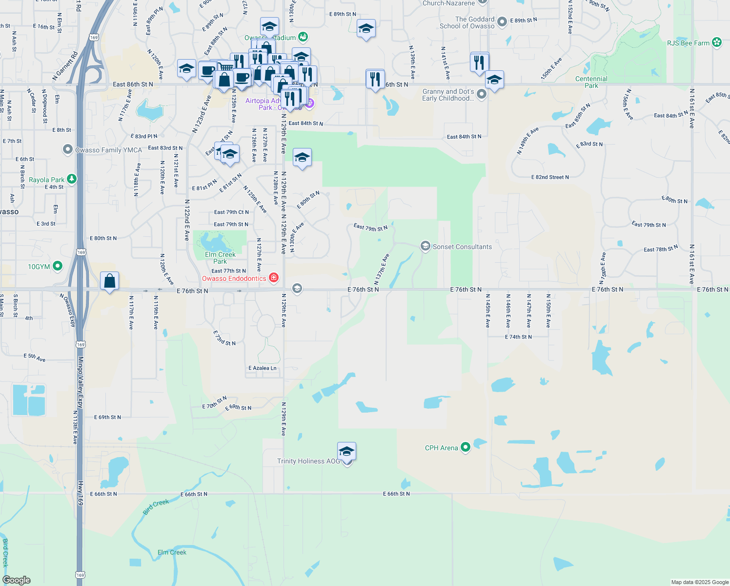 map of restaurants, bars, coffee shops, grocery stores, and more near 7525 North 134th East Place in Owasso