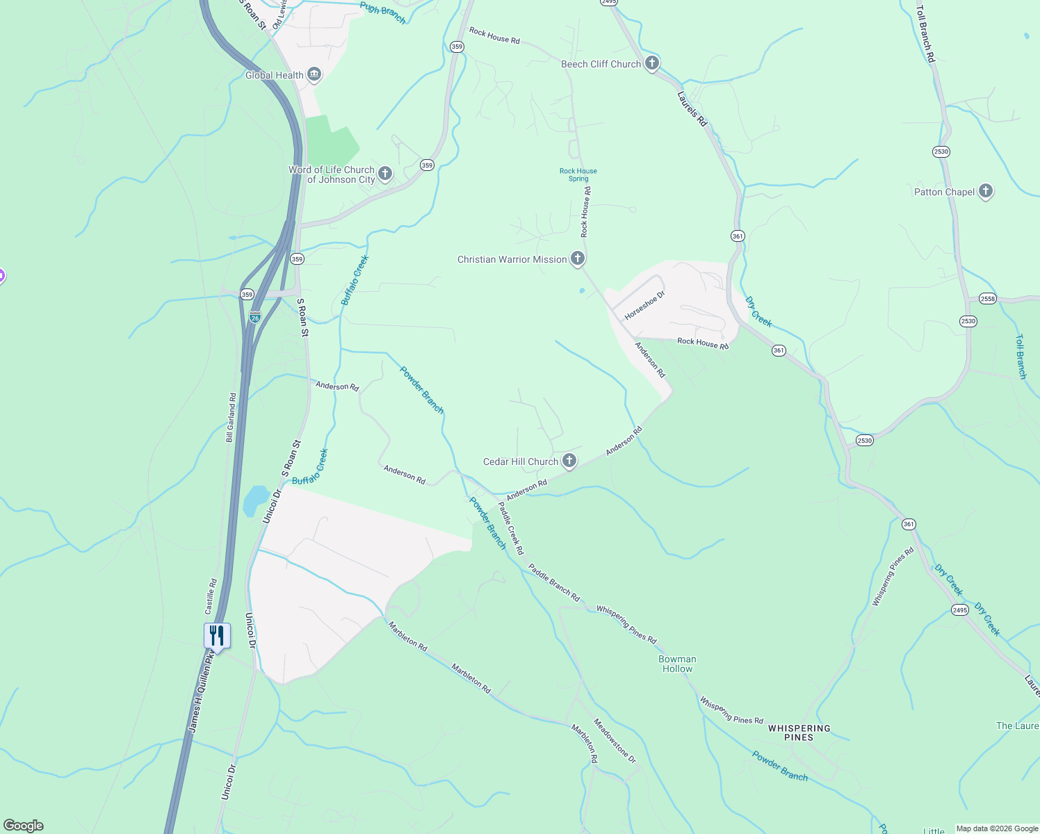 map of restaurants, bars, coffee shops, grocery stores, and more near 144 Blue Bird Drive in Johnson City