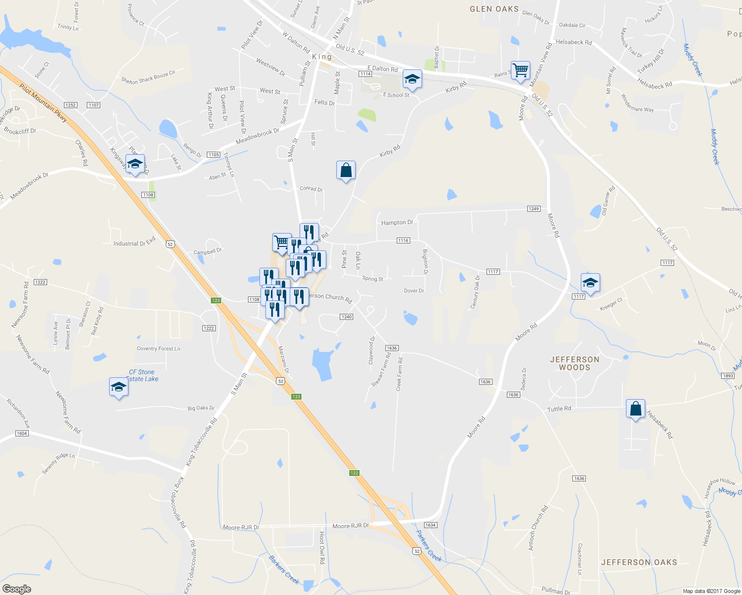 map of restaurants, bars, coffee shops, grocery stores, and more near 108 Forrest Glenn Court in King