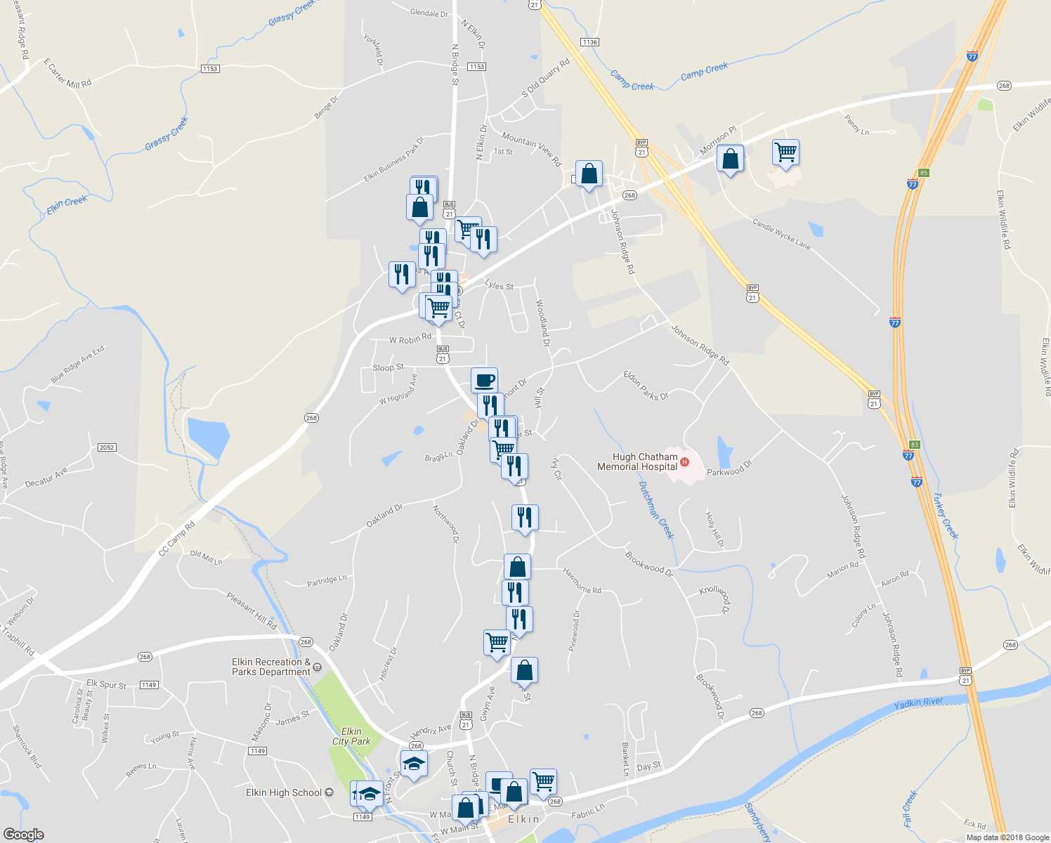 map of restaurants, bars, coffee shops, grocery stores, and more near 102 Auburn Avenue in Elkin