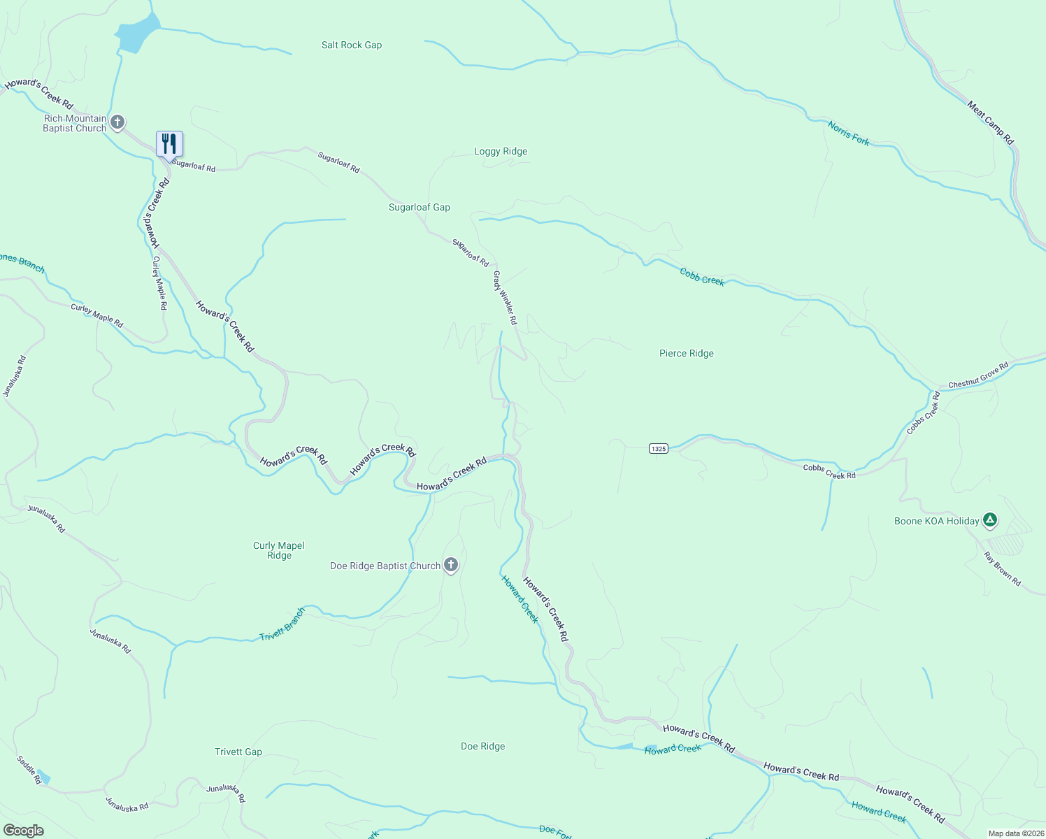 map of restaurants, bars, coffee shops, grocery stores, and more near 286 Grady Winkler Road in Boone