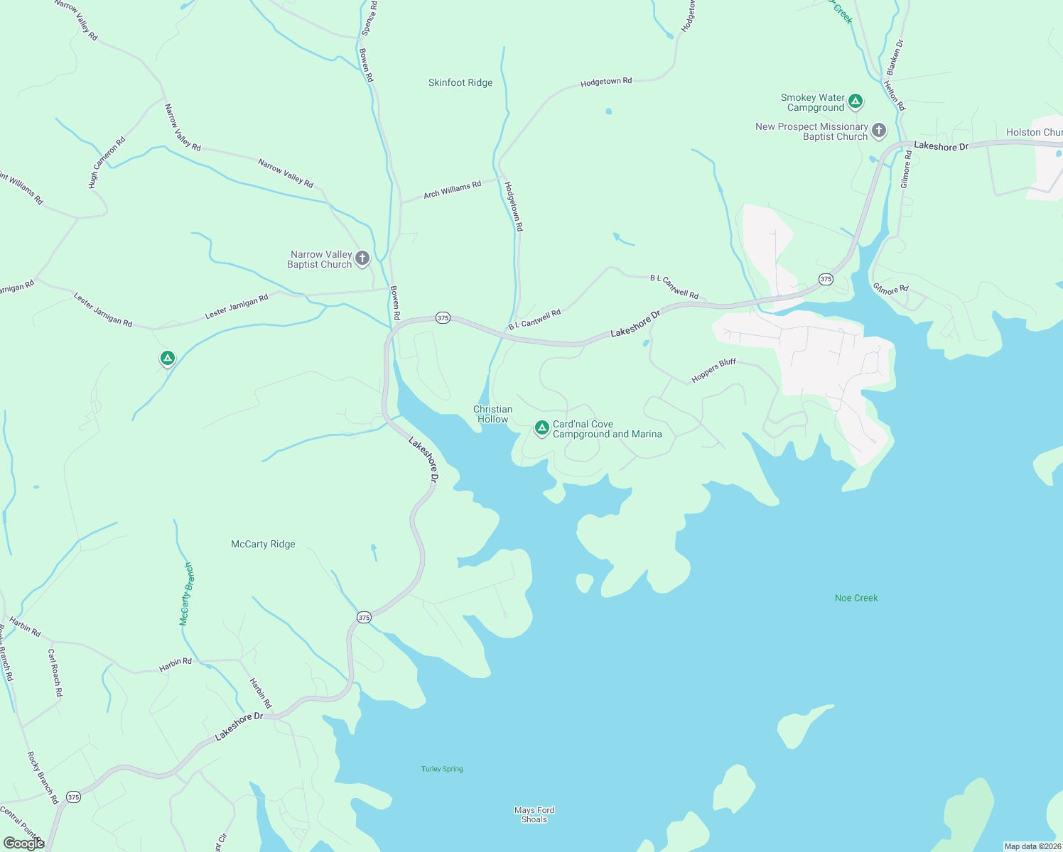 map of restaurants, bars, coffee shops, grocery stores, and more near Cardinal Cove Road in Rutledge