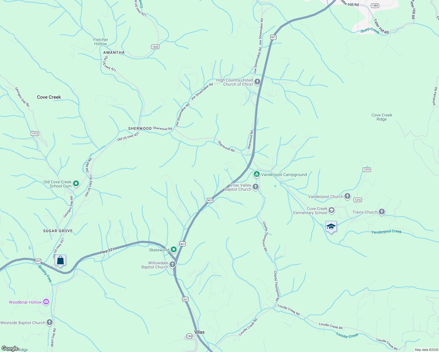 map of restaurants, bars, coffee shops, grocery stores, and more near 7215 U.S. 421 in Vilas