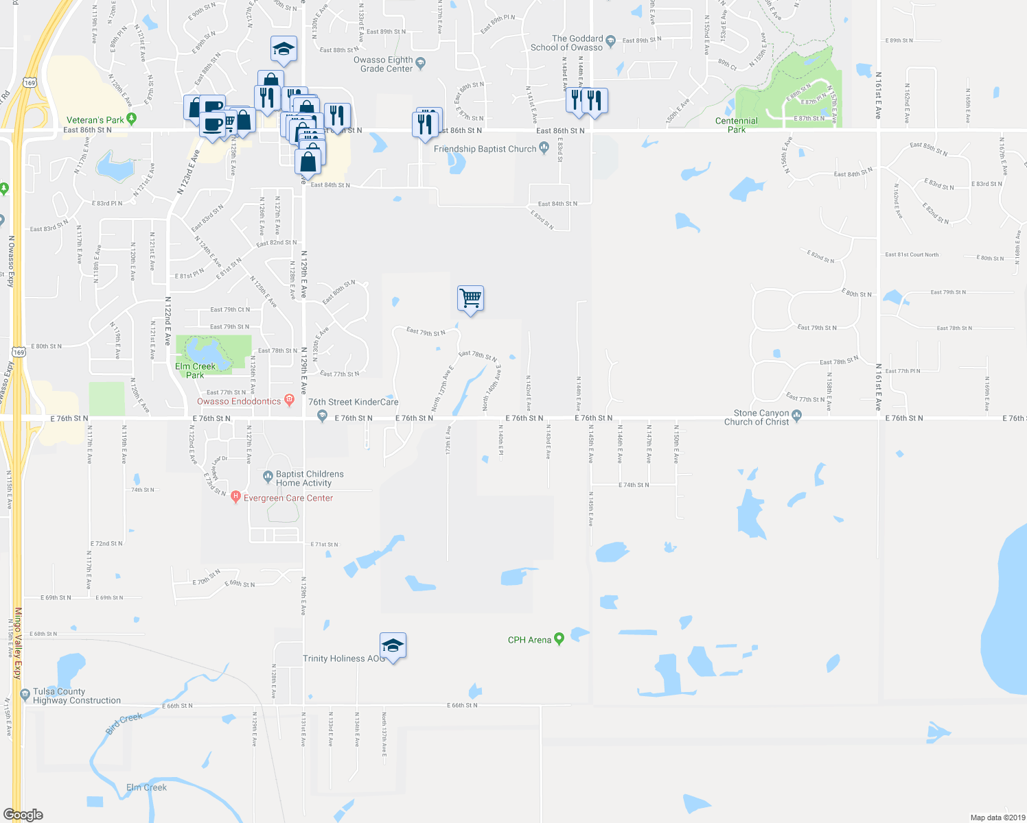 map of restaurants, bars, coffee shops, grocery stores, and more near 14011 East 76th Street North in Owasso