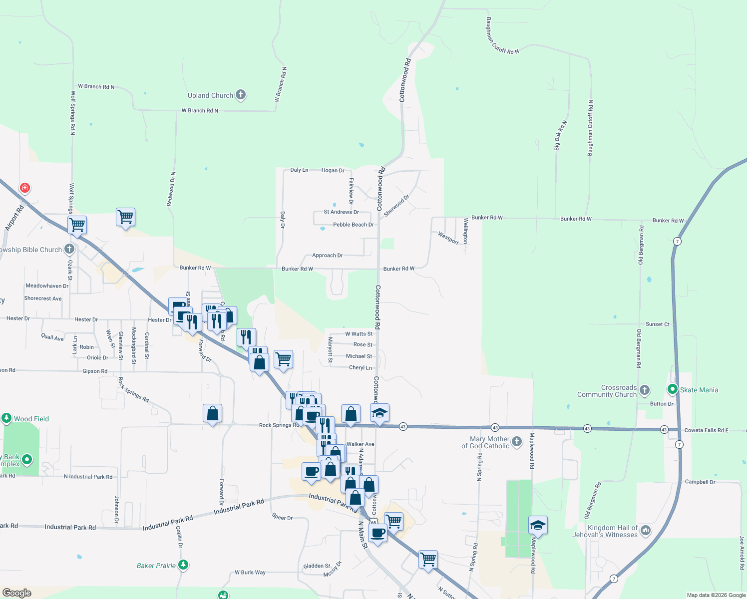 map of restaurants, bars, coffee shops, grocery stores, and more near 1424 Cottonwood Rd in Harrison