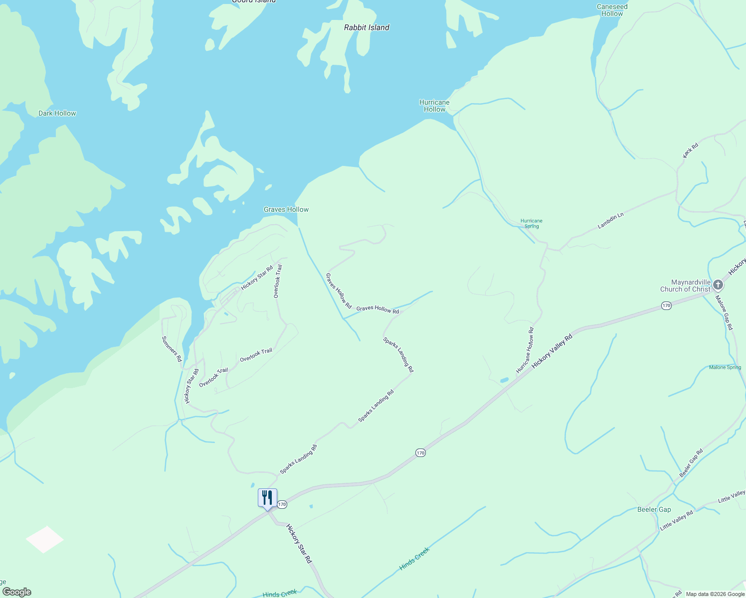 map of restaurants, bars, coffee shops, grocery stores, and more near 114 Graves Hollow Road in Maynardville