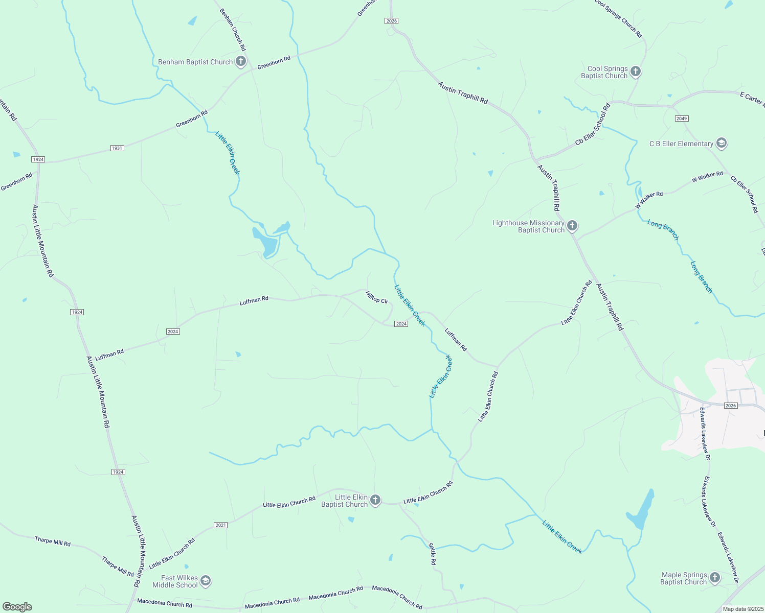map of restaurants, bars, coffee shops, grocery stores, and more near Hilltop Circle in Wilkes County