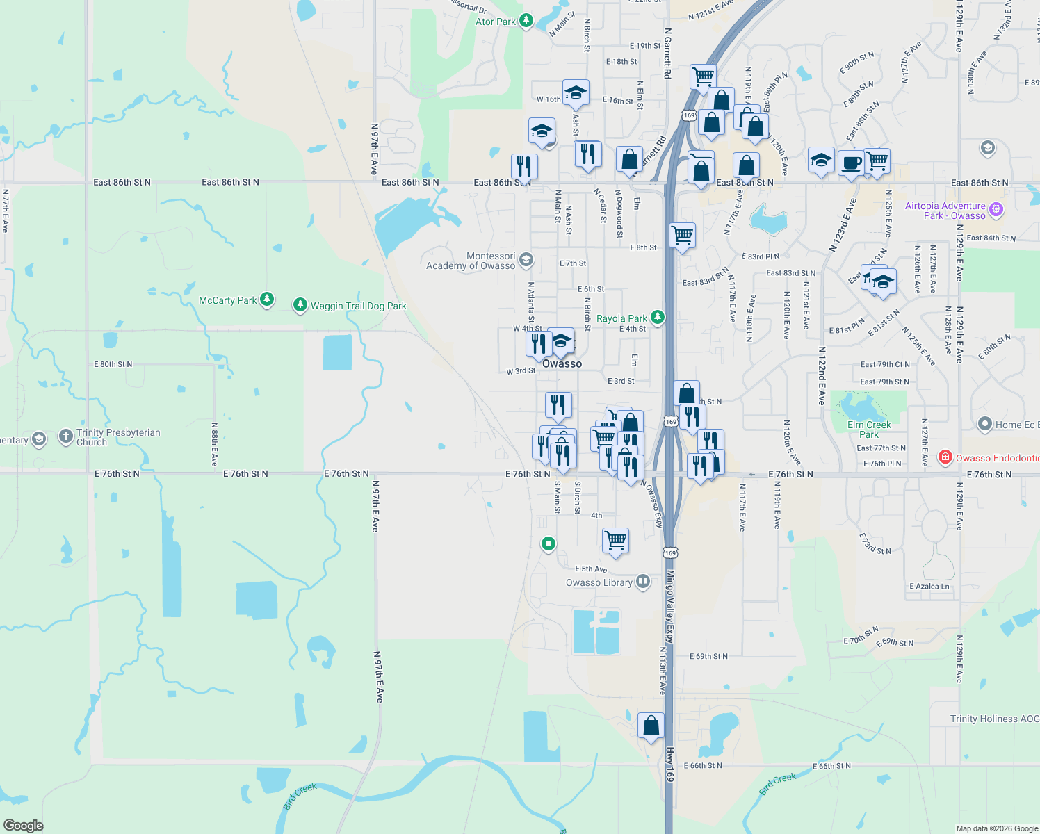 map of restaurants, bars, coffee shops, grocery stores, and more near 212 W 1st St in Owasso