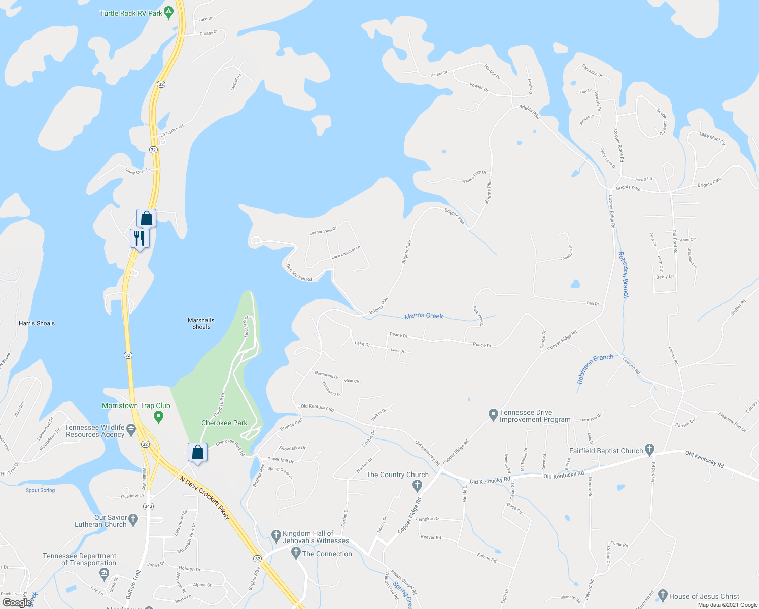 map of restaurants, bars, coffee shops, grocery stores, and more near 4045 Brights Pike in Morristown