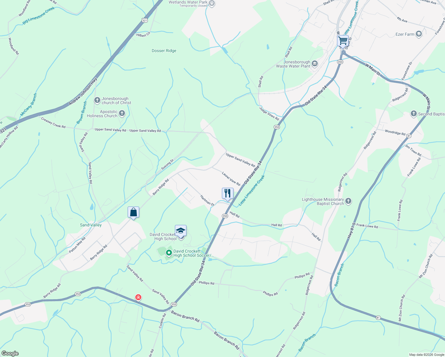map of restaurants, bars, coffee shops, grocery stores, and more near 141 Laurel View Road in Jonesborough