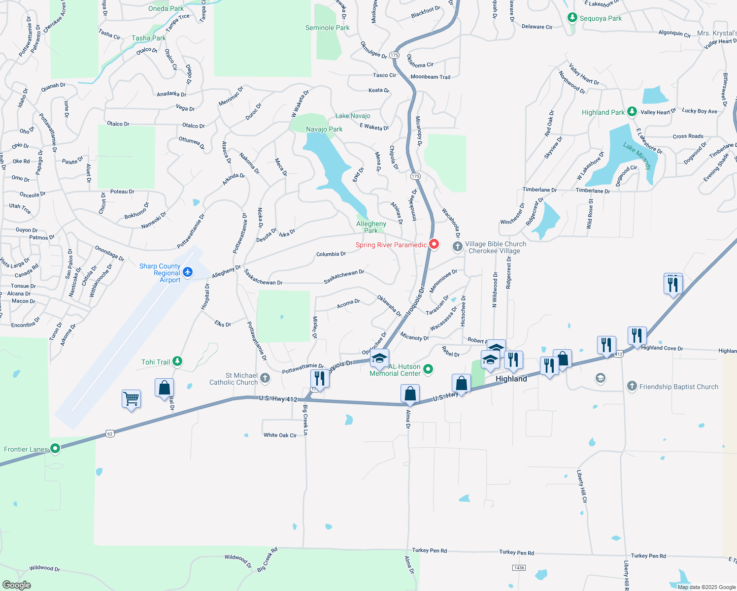 map of restaurants, bars, coffee shops, grocery stores, and more near 16 Oklawaha Drive in Cherokee Village