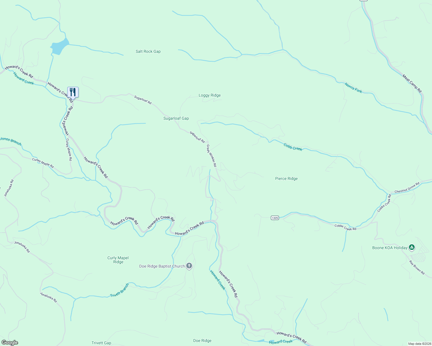 map of restaurants, bars, coffee shops, grocery stores, and more near 169 Earnest Brown Road in Boone