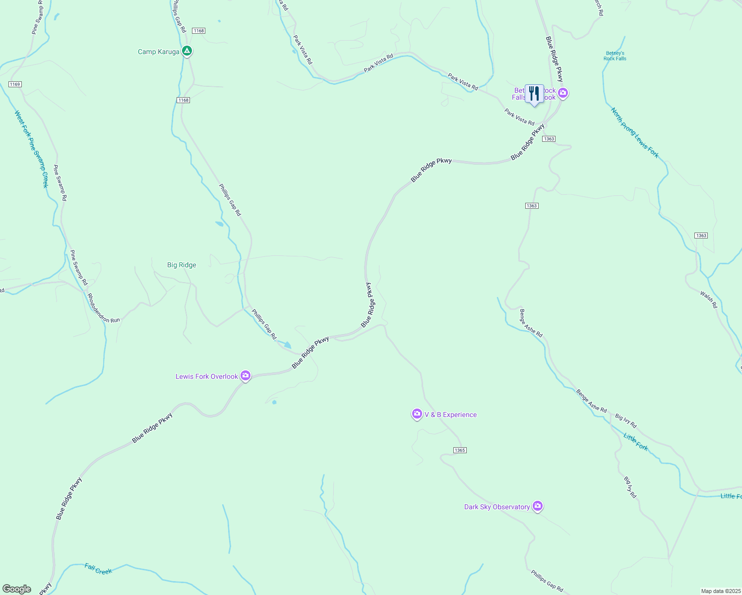 map of restaurants, bars, coffee shops, grocery stores, and more near Blue Ridge Parkway in Purlear