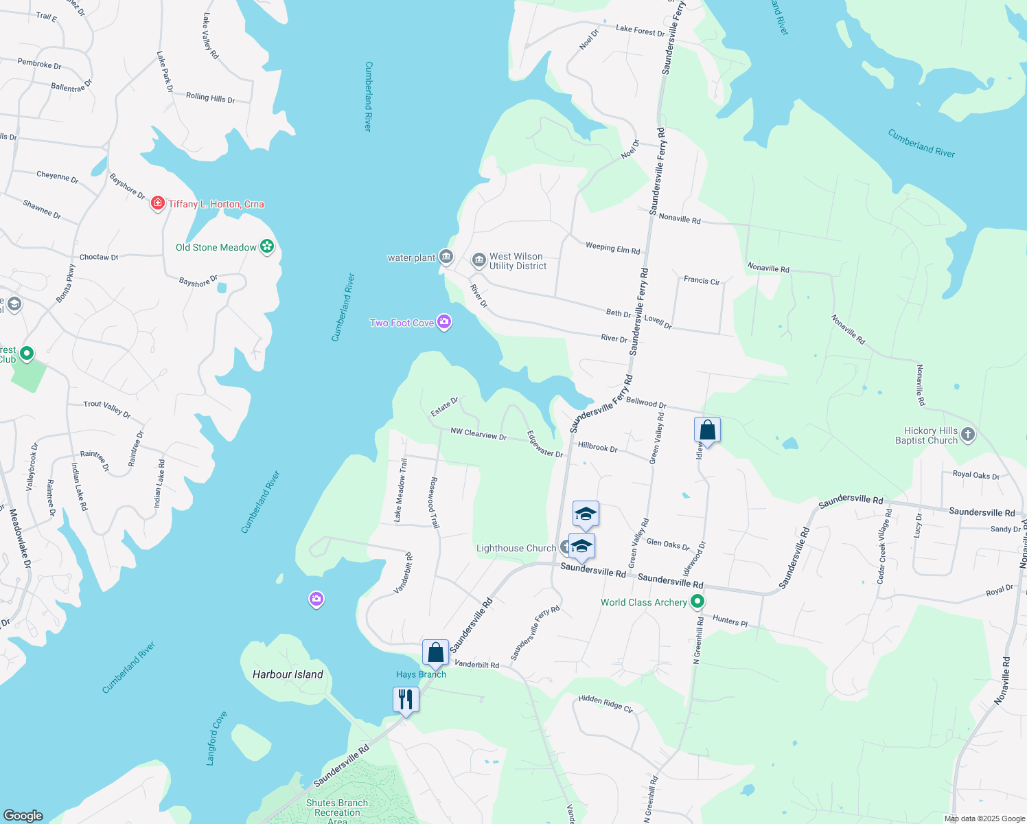 map of restaurants, bars, coffee shops, grocery stores, and more near 219 Edgewater Dr in Mt Juliet