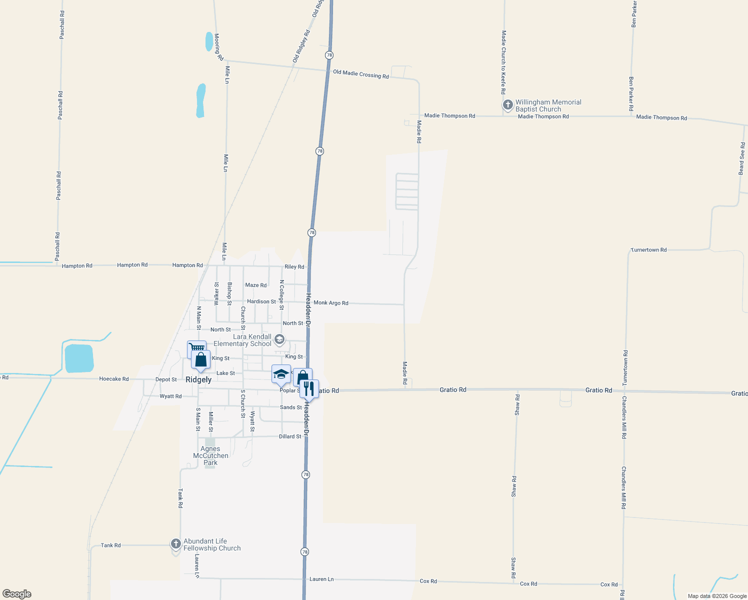 map of restaurants, bars, coffee shops, grocery stores, and more near 305 Monk Argo Road in Ridgely