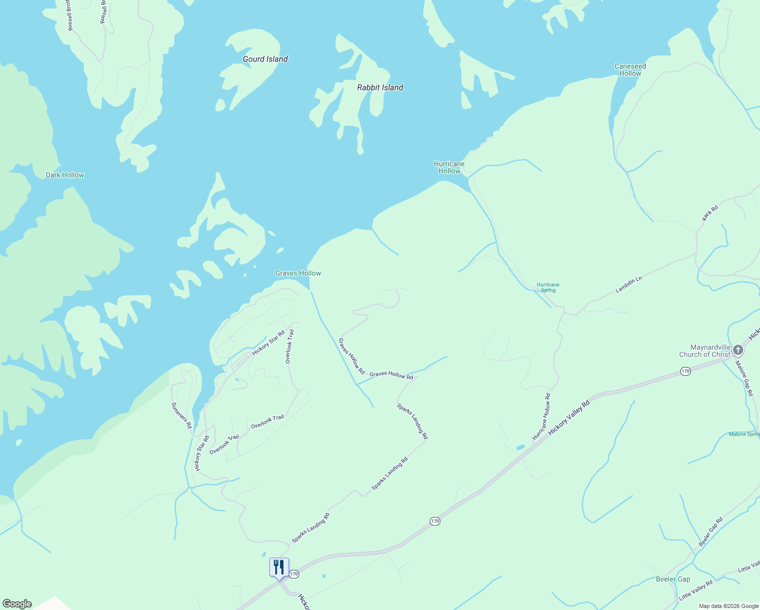 map of restaurants, bars, coffee shops, grocery stores, and more near 287 Graves Hollow Road in Maynardville