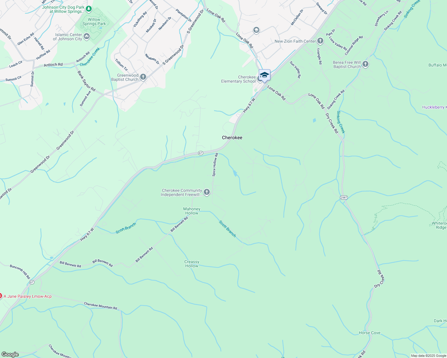 map of restaurants, bars, coffee shops, grocery stores, and more near 142 Spice Hollow Road in Johnson City