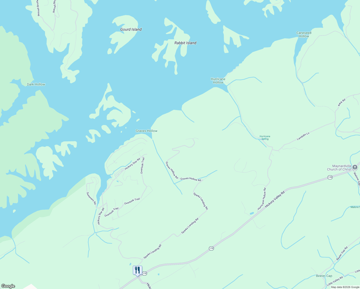 map of restaurants, bars, coffee shops, grocery stores, and more near 287 Graves Hollow Road in Maynardville