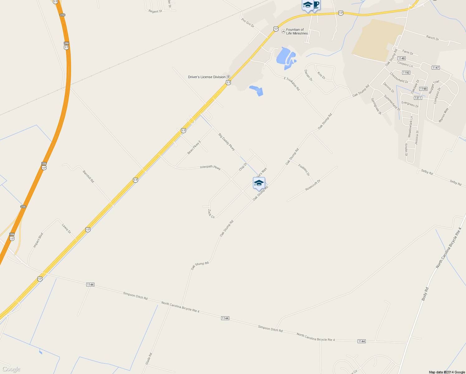 map of restaurants, bars, coffee shops, grocery stores, and more near 205 Interpath Parkway in Elizabeth City