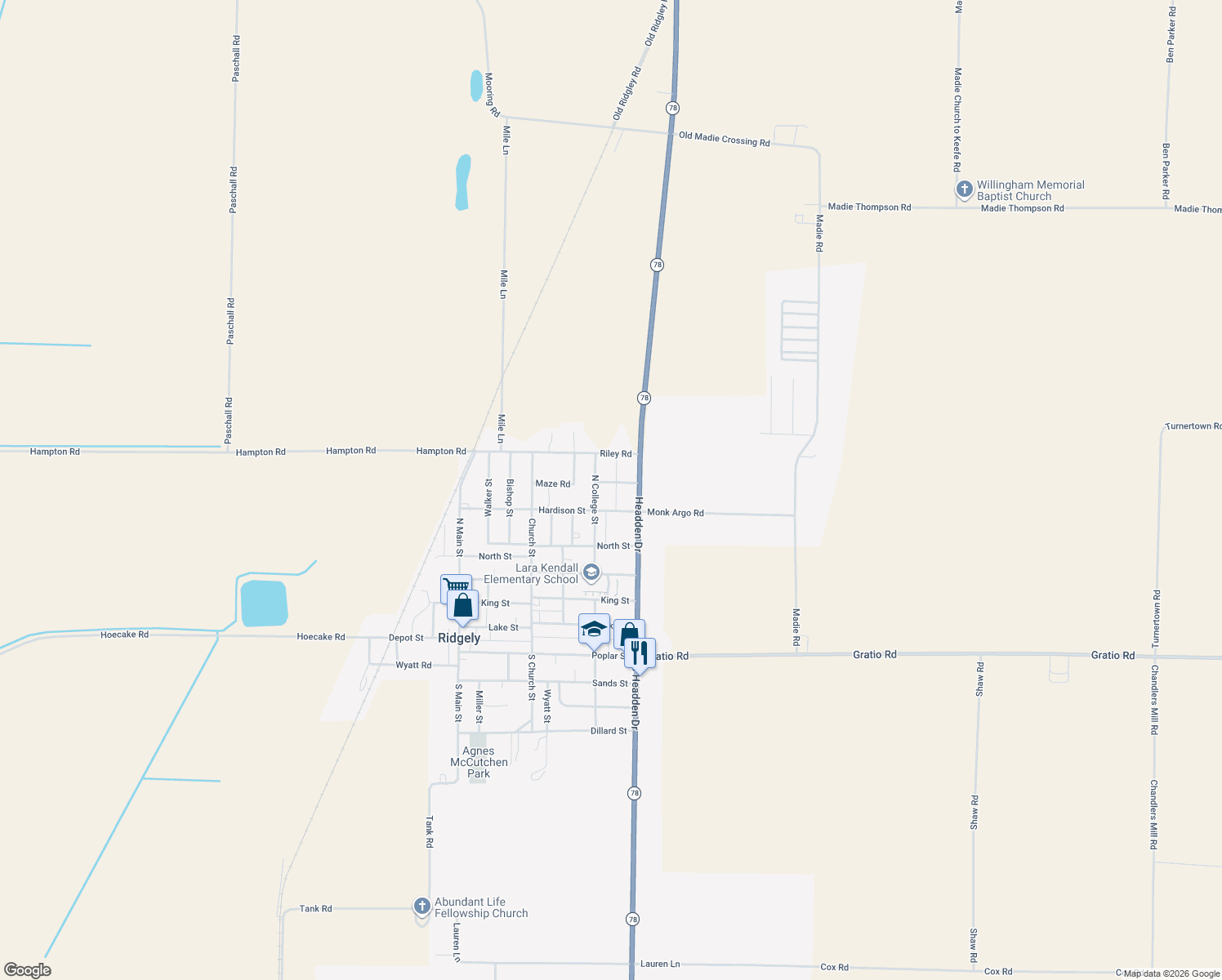 map of restaurants, bars, coffee shops, grocery stores, and more near 151 Tatum St in Ridgely