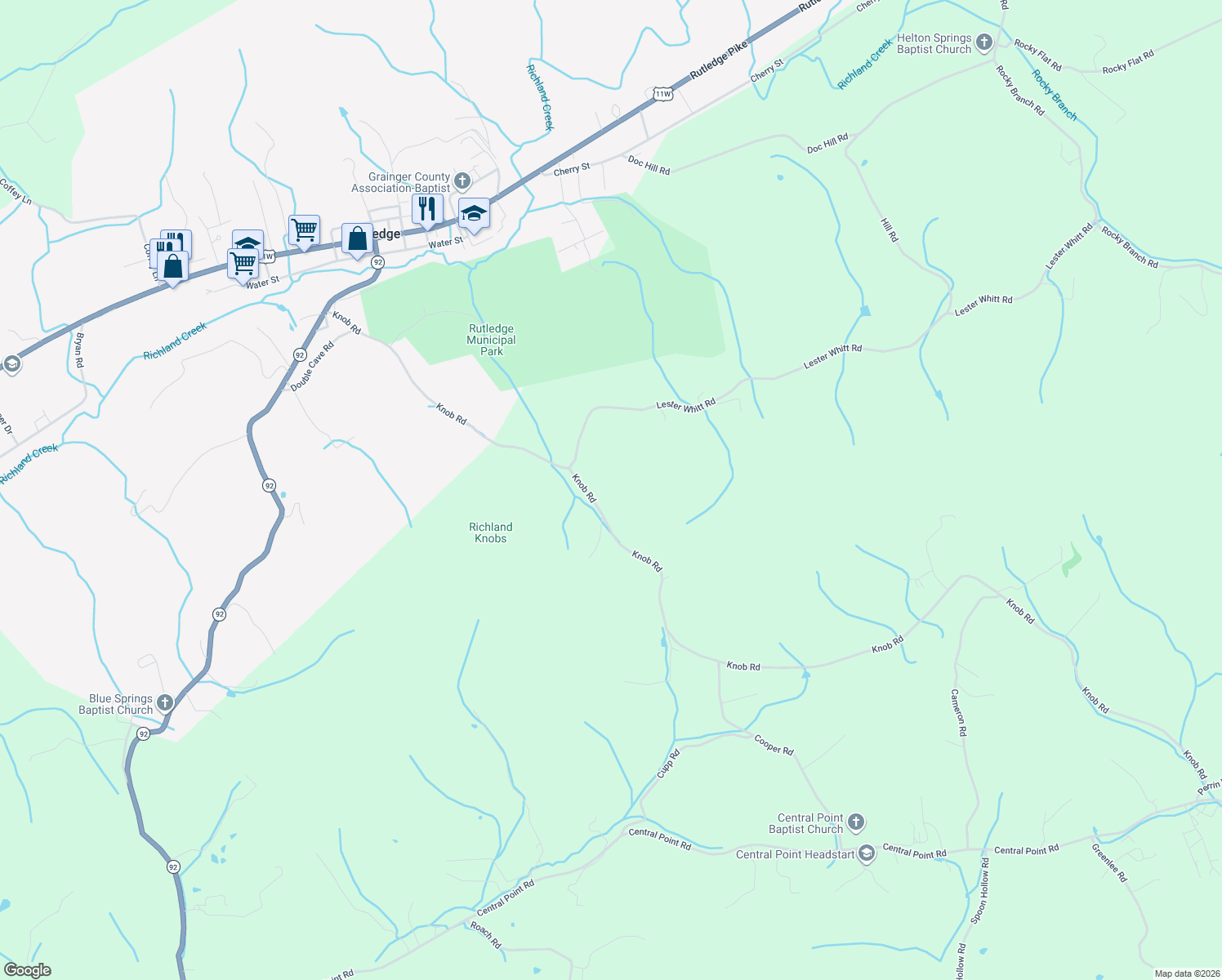 map of restaurants, bars, coffee shops, grocery stores, and more near 1625 Lester Whitt Road in Rutledge