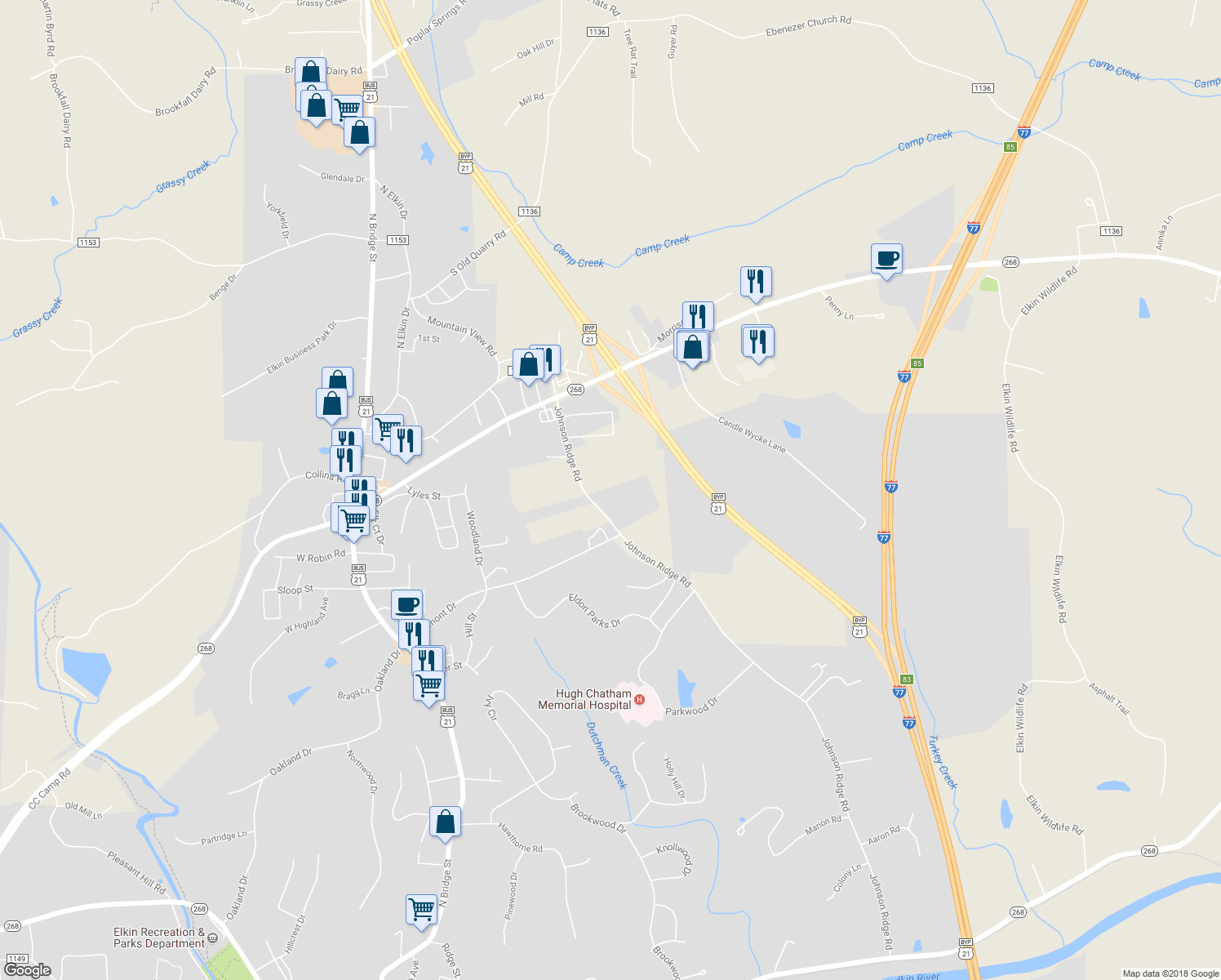 map of restaurants, bars, coffee shops, grocery stores, and more near 940 Johnson Ridge Road in Elkin