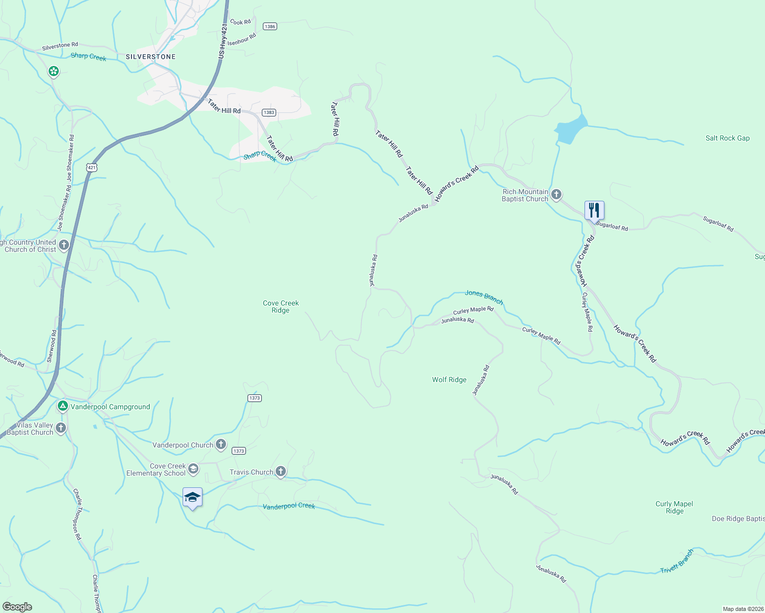 map of restaurants, bars, coffee shops, grocery stores, and more near 6887 Junaluska Rd in Boone