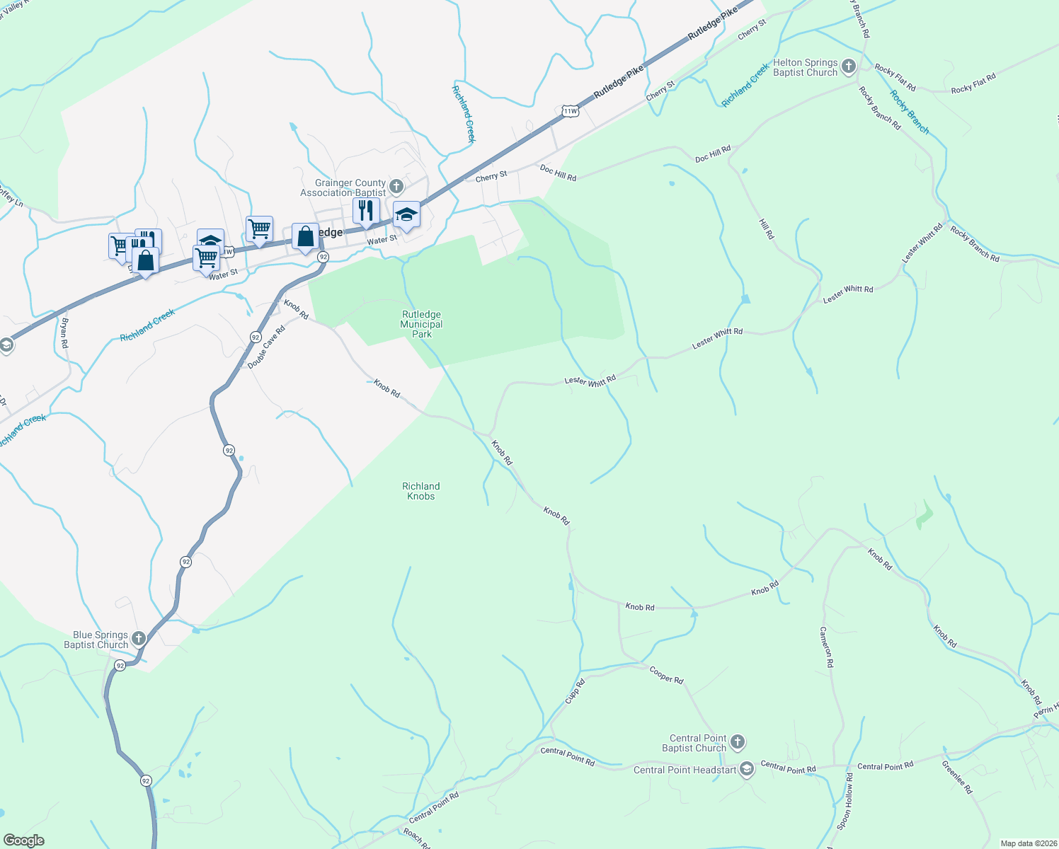 map of restaurants, bars, coffee shops, grocery stores, and more near 1625 Lester Whitt Road in Rutledge