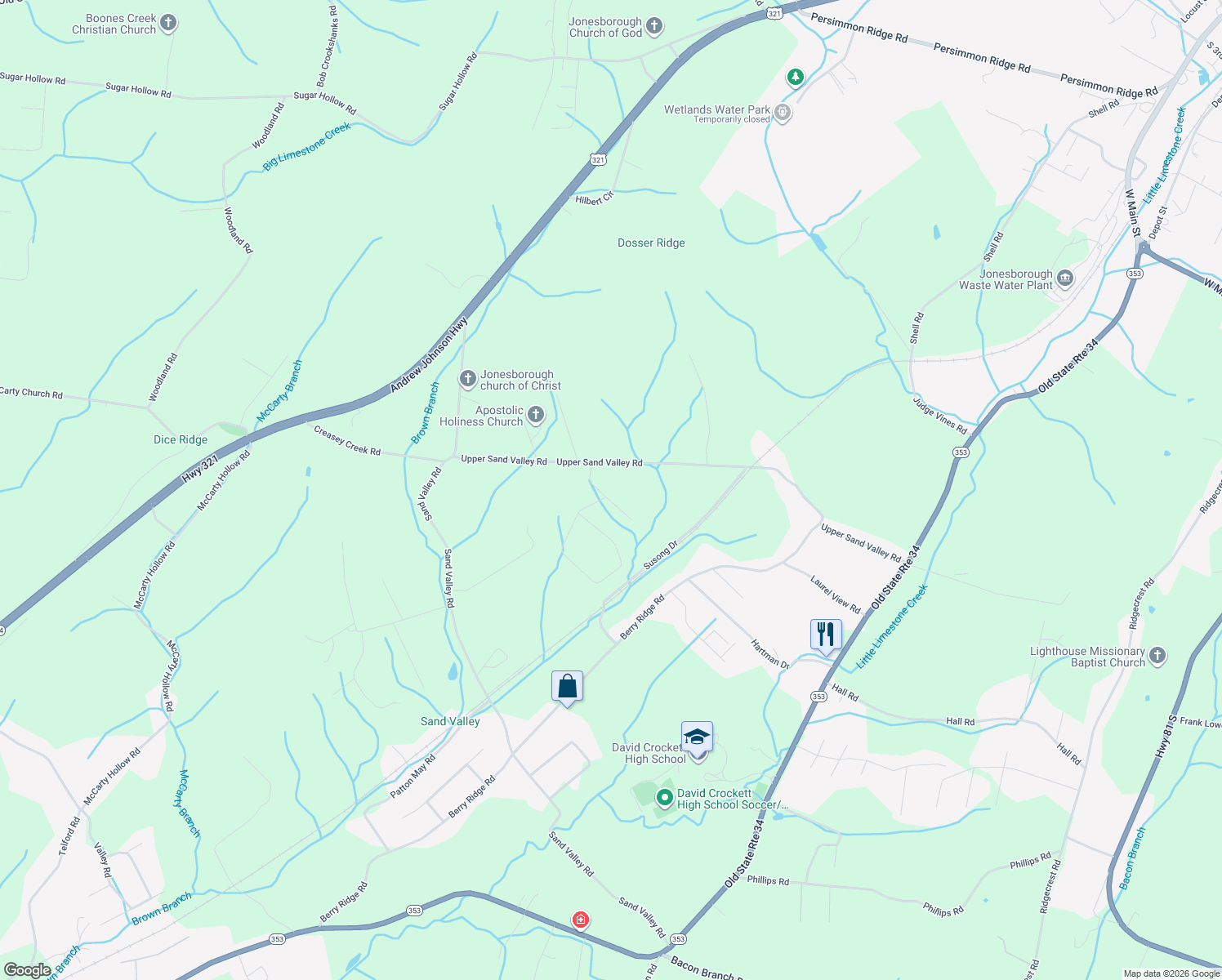 map of restaurants, bars, coffee shops, grocery stores, and more near 123 Olivia Lee Court in Jonesborough