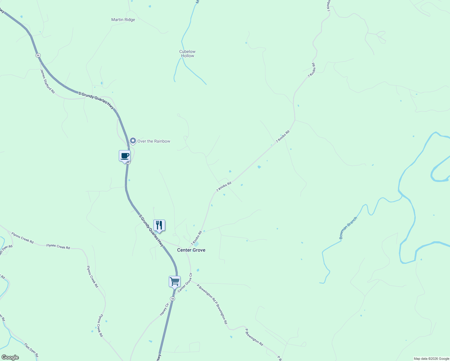map of restaurants, bars, coffee shops, grocery stores, and more near 431 7 Knobs Rd in Gainesboro