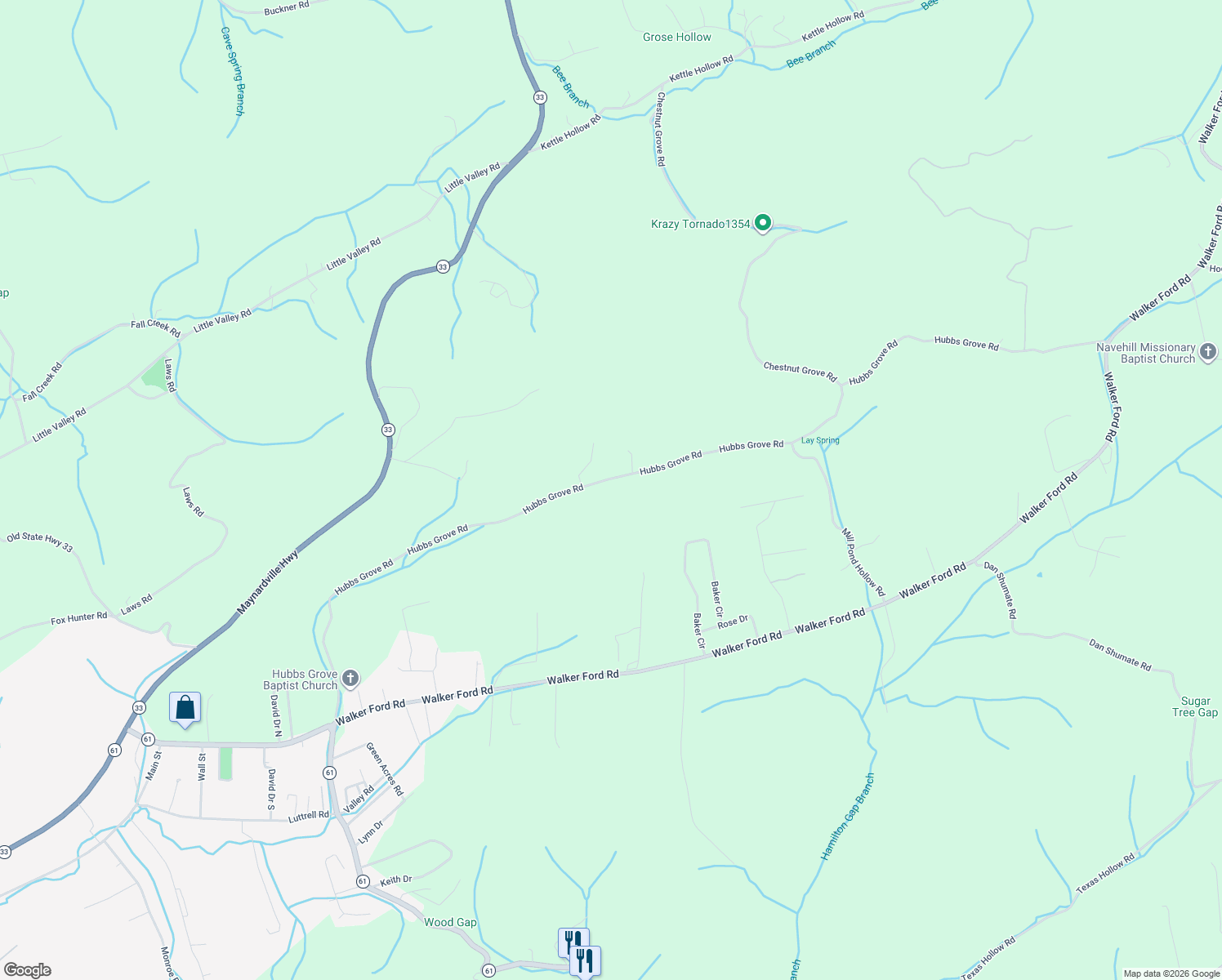 map of restaurants, bars, coffee shops, grocery stores, and more near 402 Hubbs Grove Road in Maynardville