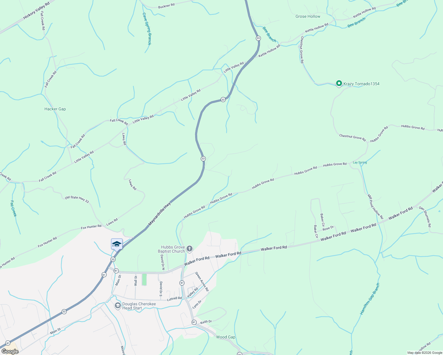 map of restaurants, bars, coffee shops, grocery stores, and more near 135 Gregory Lane in Maynardville