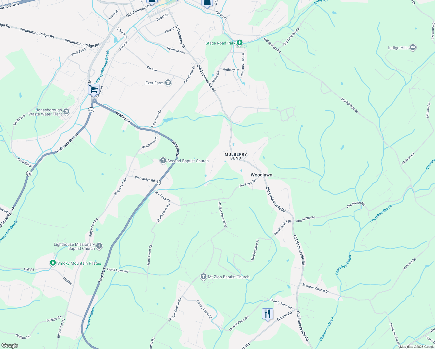 map of restaurants, bars, coffee shops, grocery stores, and more near 271 Mulberry Bend in Jonesborough